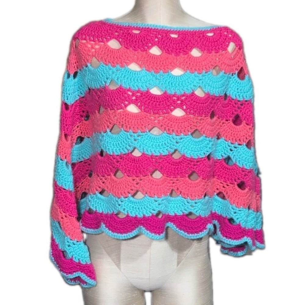 Hand Crocheted Boho Shell Pattern Poncho One Size Pink Blue Salmon